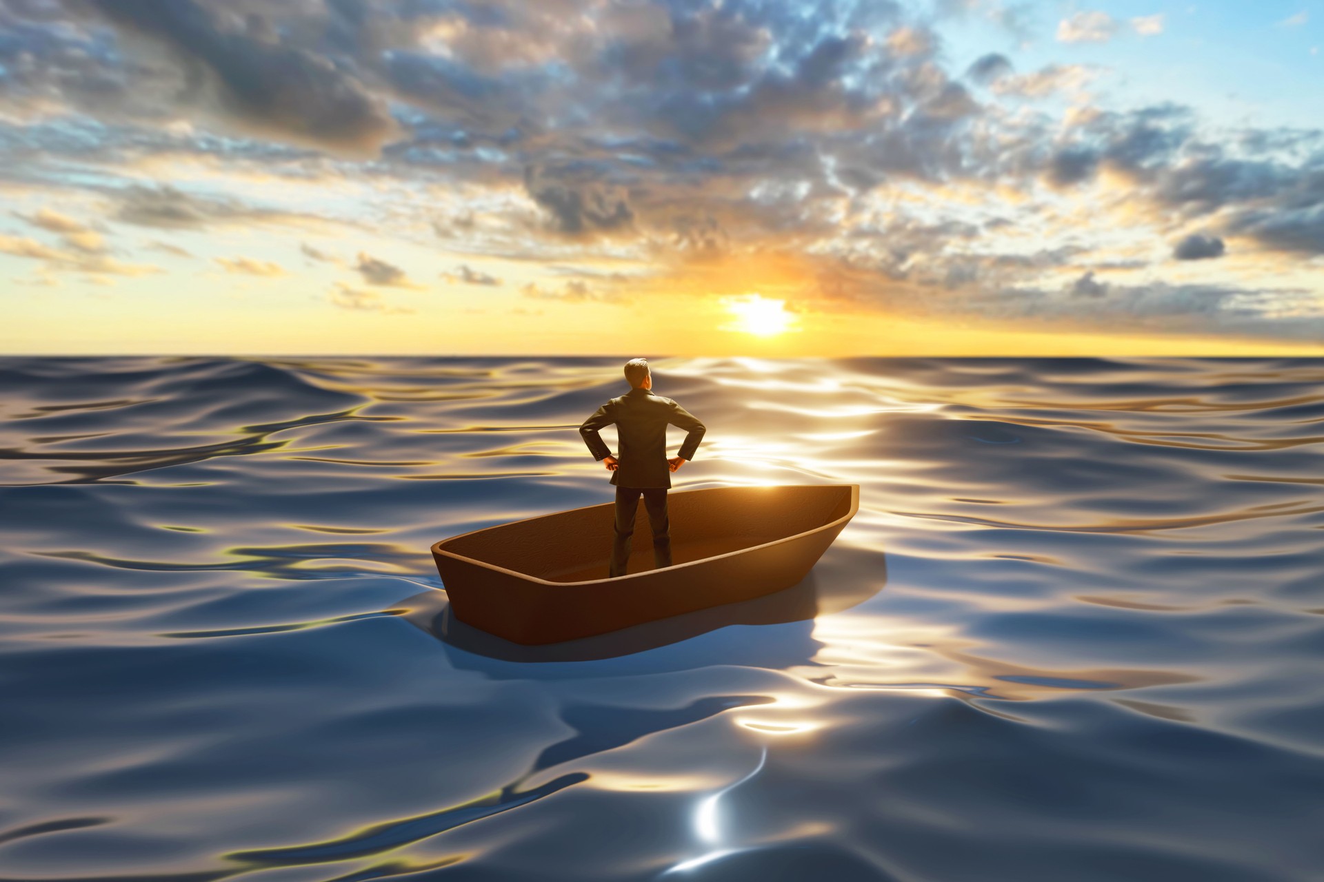 Business man standing on boat 3d illustration