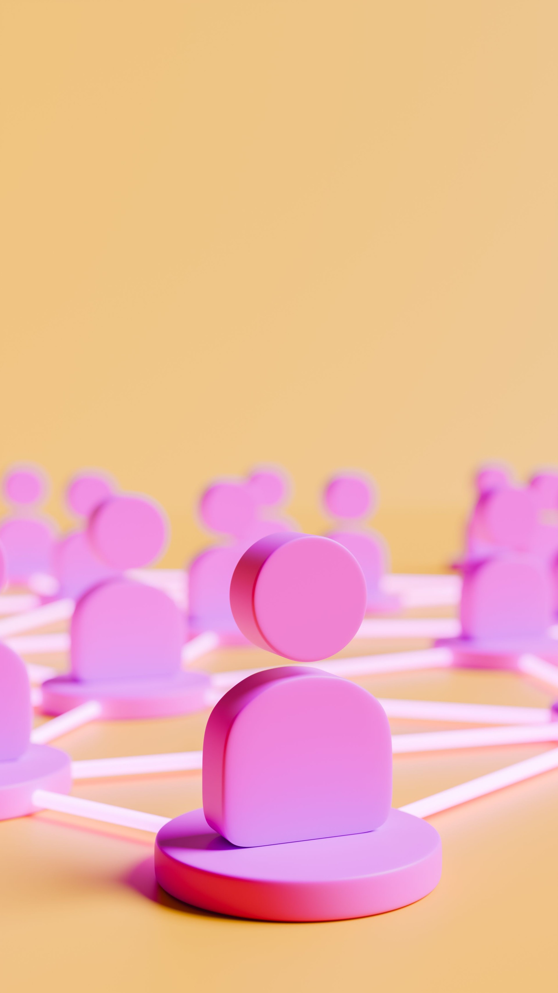 Purple people icons on a yellow stage, communications theme, 3D illustration, vertical image