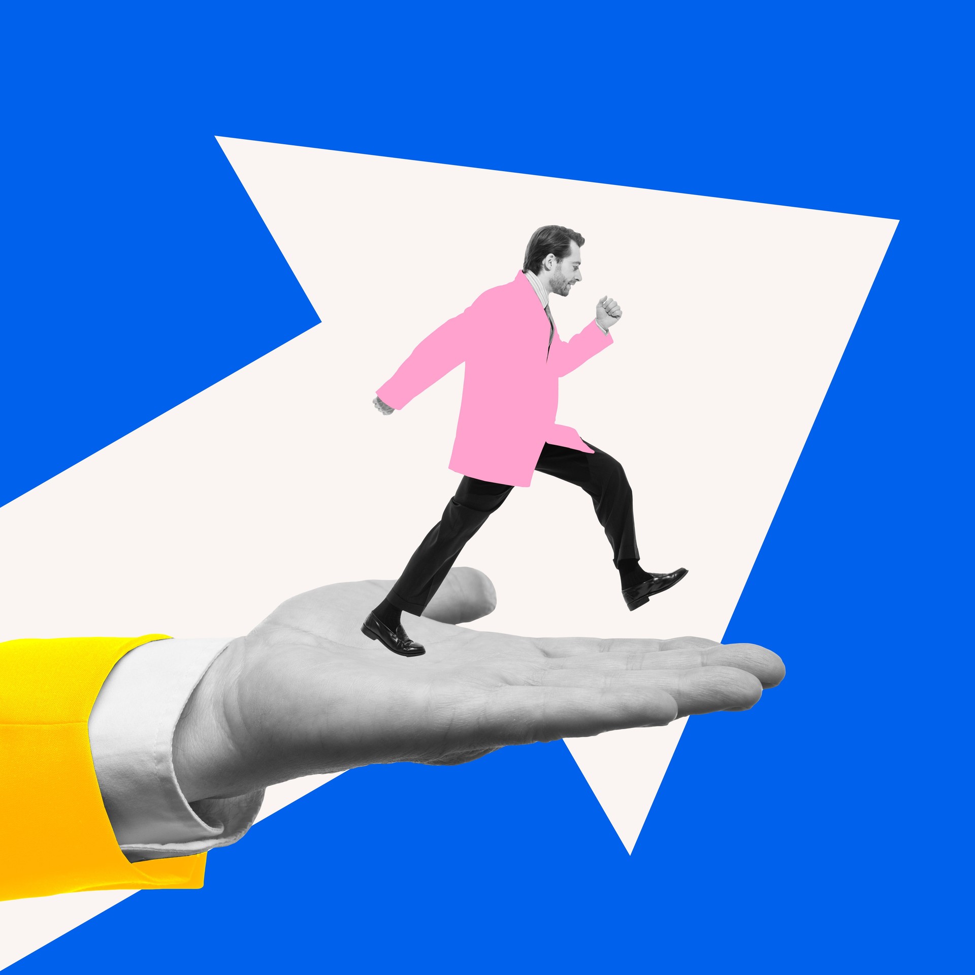 Contemporary art collage. Businessman stepping forward on oversized hand, symbolizing guidance in professional growth against background with arrow.