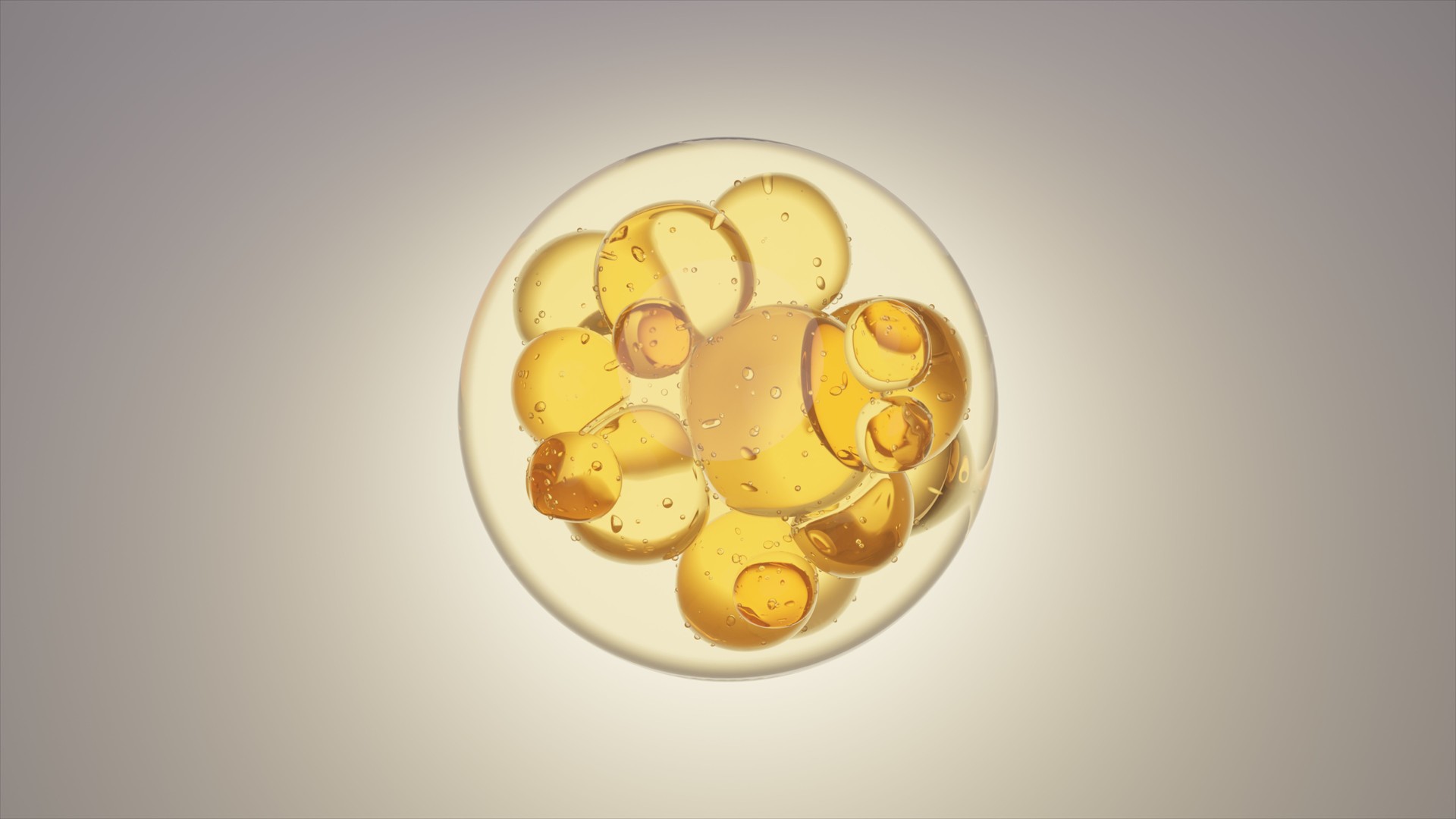 Cosmetic 3d Golden liquid bubbles on a bright background. Collagen bubbles Design.